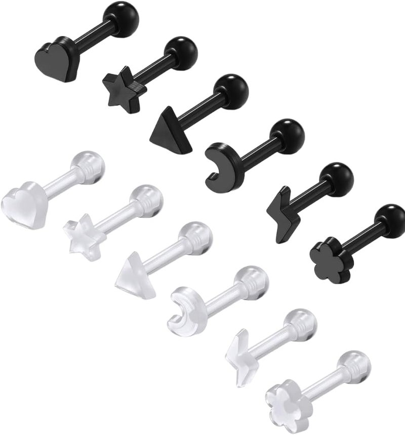 PiercingJ Clear Acrylic Cartilage Earrings 16G Plastic Tongue Tragus Ring Cute Heart Star Nose Lip Stud Barbell Black Helix Piercing Retainer for Sports Surgery Work - Image 1
